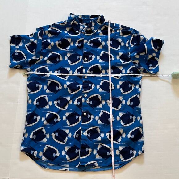 Old Navy Slim Fit Flex Blue Button Down Short Sleeve Shirt Tropical Fish Size M - Picture 6 of 8